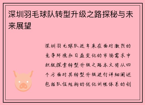 深圳羽毛球队转型升级之路探秘与未来展望